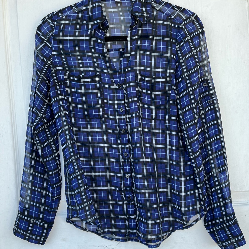 Express Portofino Plaid Button-Down Shirt | Navy Blue & Black Check Pattern Blou
